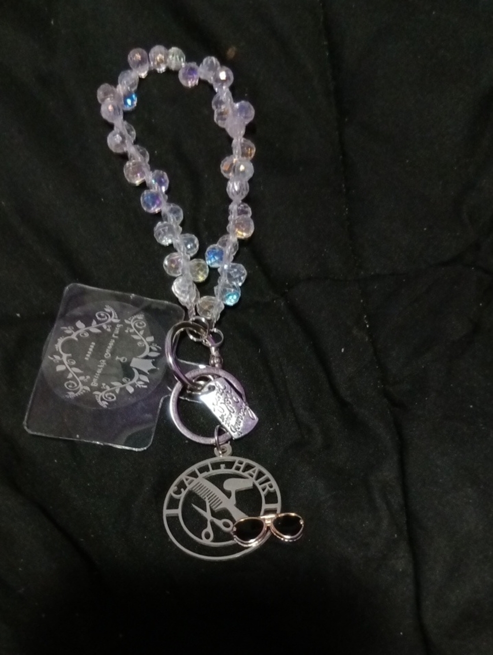 Custom Crystal Bead Keychain with Silver Charm and Pink Accents for An LA STYLIS